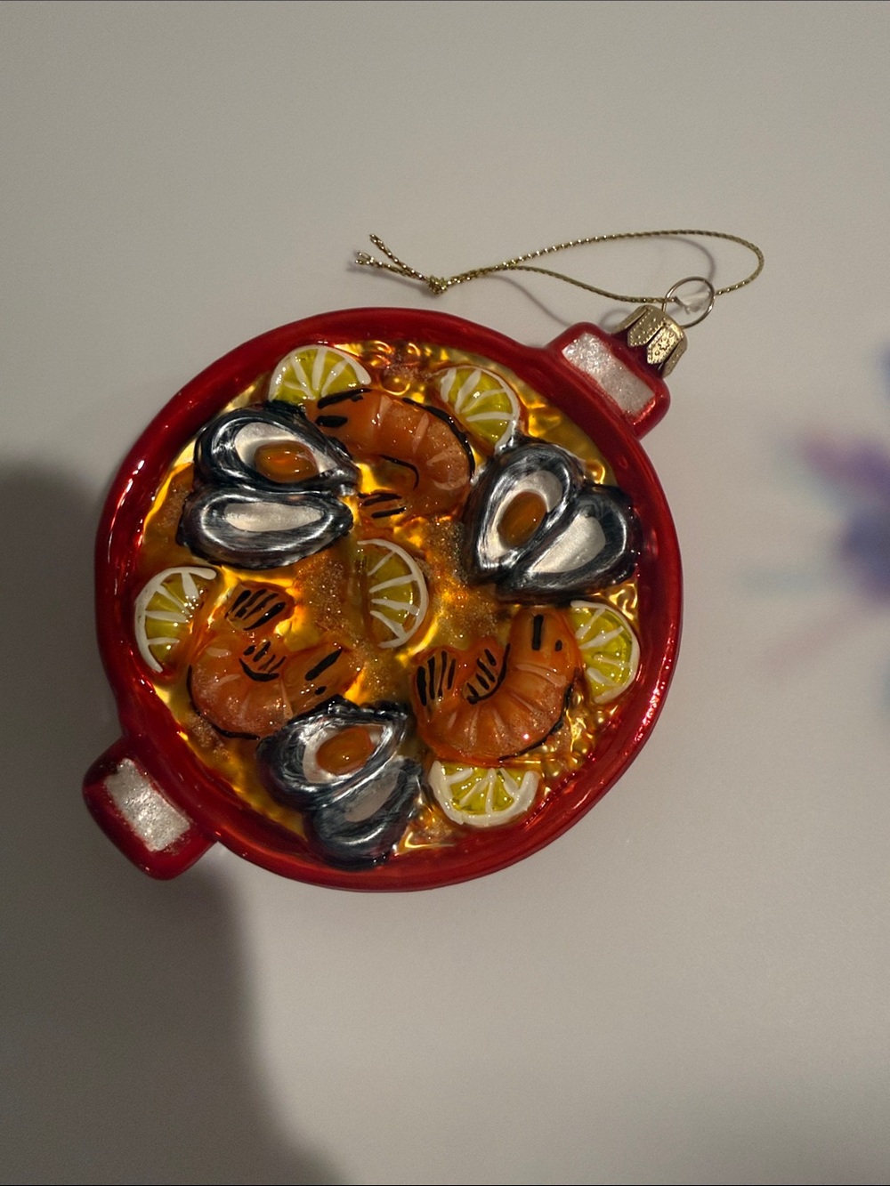 Anthropologie Paella Seafood Pot Glass Ornament - Red, Orange, Silver